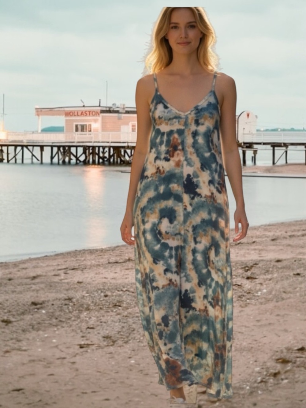 Zenana 1x Tie-Dye Maxi Slip Dress in Blue, Green and Brown - Picture 1 of 6